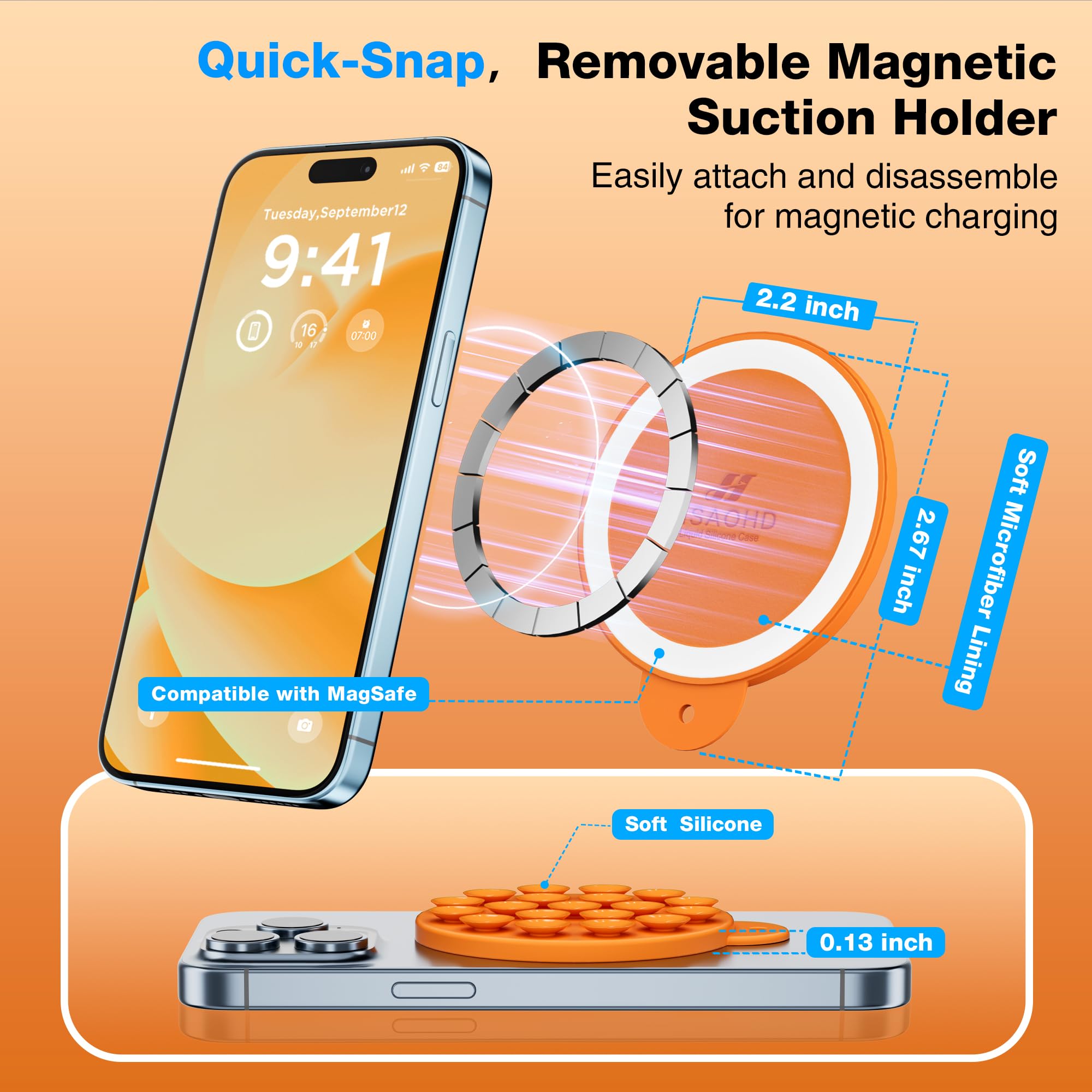 HSAOHD Magnetic Suction Cup Phone Mount with MagSafe, Silicone Hands-Free Grip Holder for iPhone Case and Android, Mirror Shower Phone Stand for Makeup FaceTime Gym Kitchen Bathroom, Orange