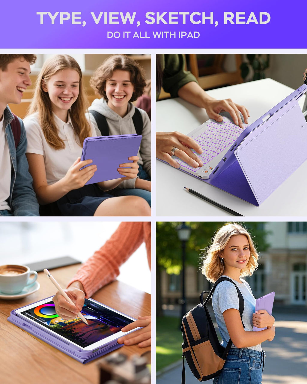 Senyoson Keyboard Case for iPad 9th 8th 7th Generation 10.2" - 7 Colors Backlit Detachable Folio Keyboard Cover with Pencil Holder for iPad Pro 10.5" / iPad Air 3rd Gen (Purple)