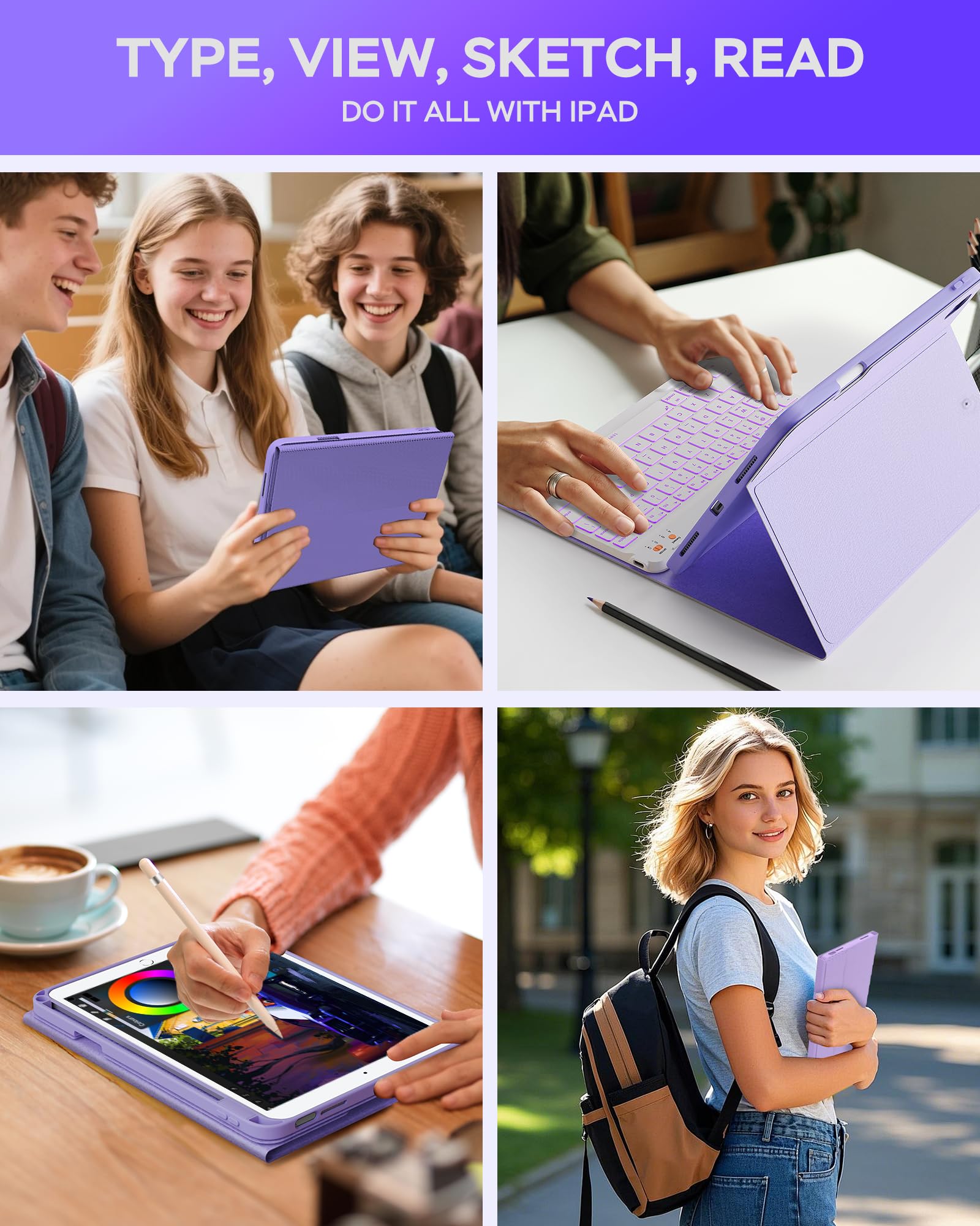 Senyoson Keyboard Case for iPad 9th 8th 7th Generation 10.2" - 7 Colors Backlit Detachable Folio Keyboard Cover with Pencil Holder for iPad Pro 10.5" / iPad Air 3rd Gen (Purple)