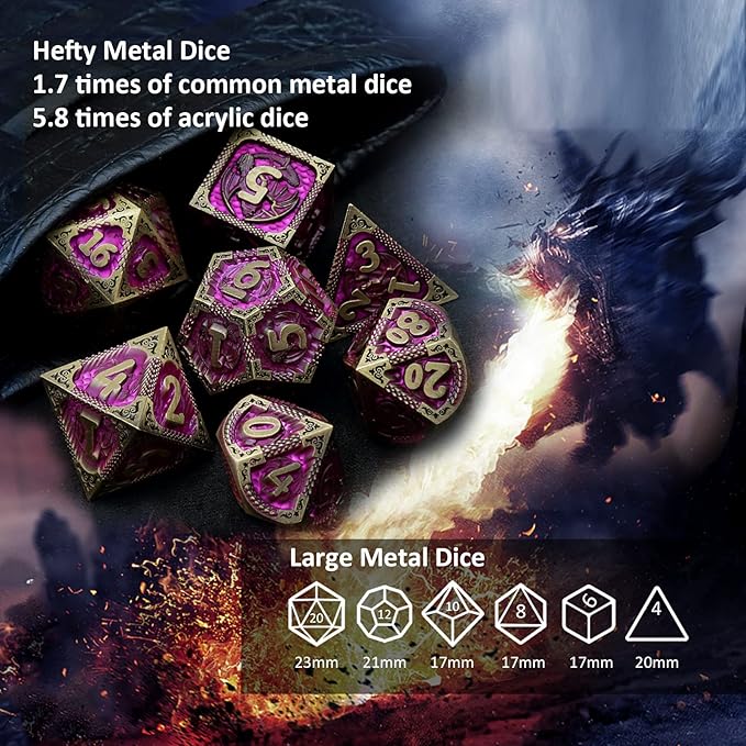 Haxtec Metal Dice Set Purple Black Dragon Pattern Metal DND Dice with Leather Dice Bag Polyhedral D&D Dice Compatible with Dungeons and Dragons TTRPG Gifts