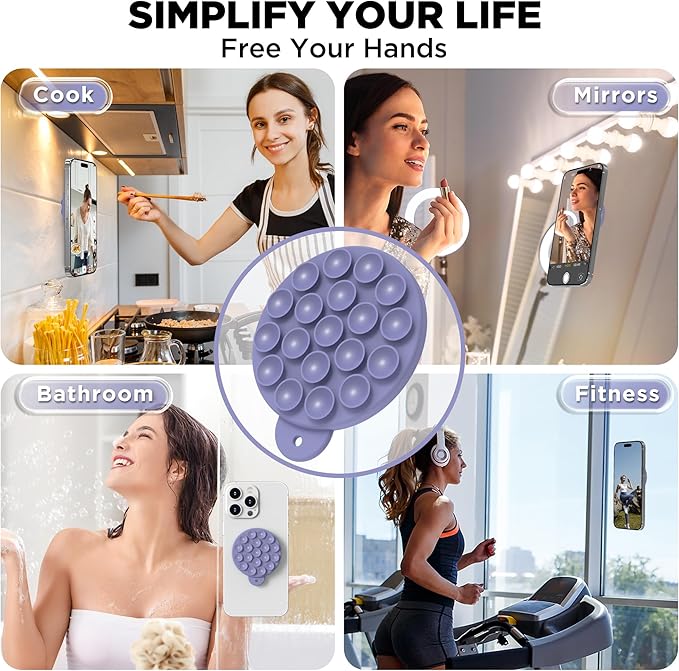 Magnetic Suction Cup Phone Mount for MagSafe Case, Silicone Hands-Free Grip Holder for iPhone and Android, Mirror Shower Phone Stand for Makeup FaceTime Gym Kitchen Bathroom, Lavender