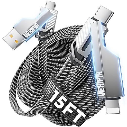 4-in-1 Long USB C Cable 45W 15FT Fast Charging Flat Nylon Braided for iPhone iPad Charger Cord [480Mbps Data Sync] Multi Charge Wire with L/Type C/USB A Port [SHEZI Series]