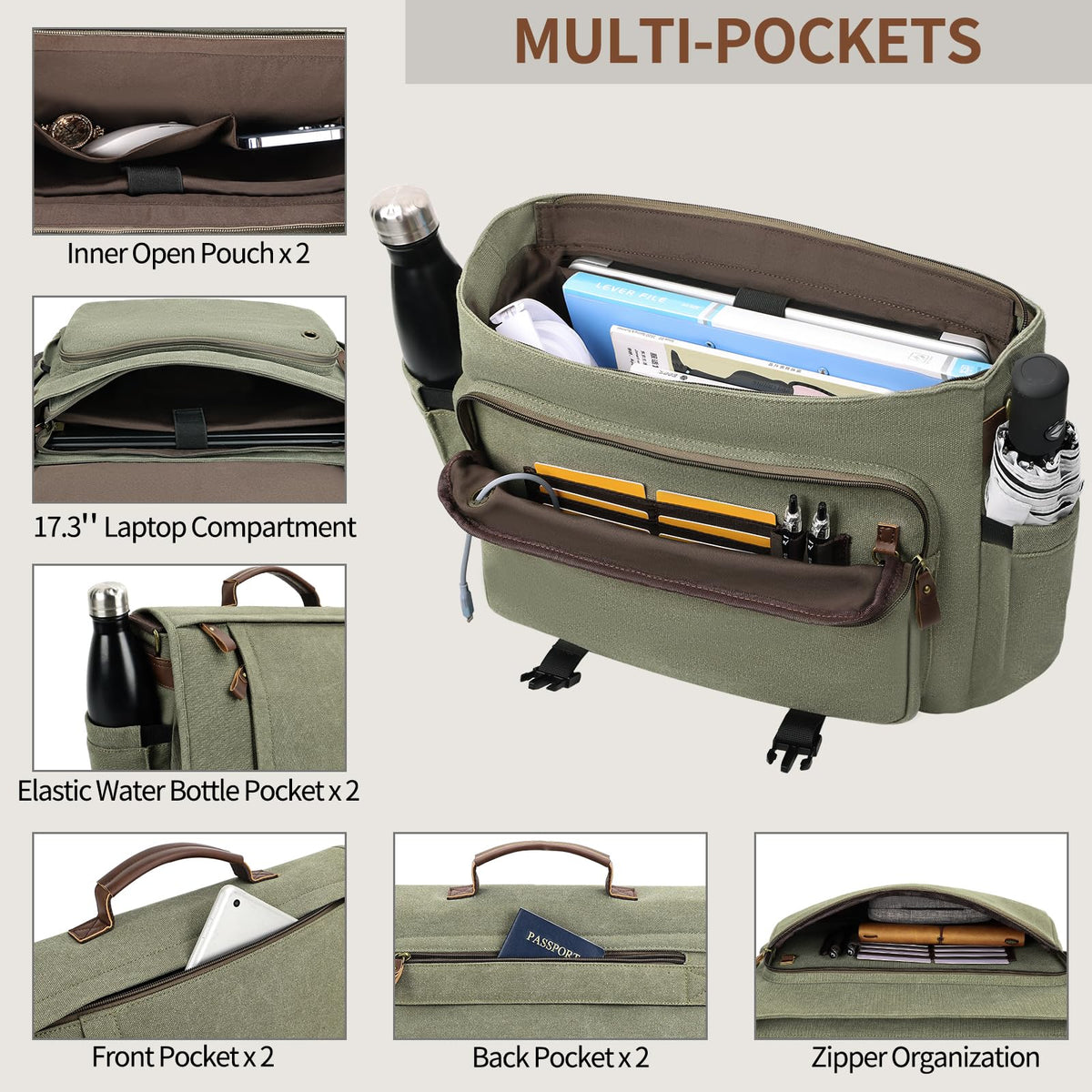 ESTARER 13-14 Inch Laptop Messenger Bag Water-Resistant Canvas Shoulder Bag for Business College, Grey