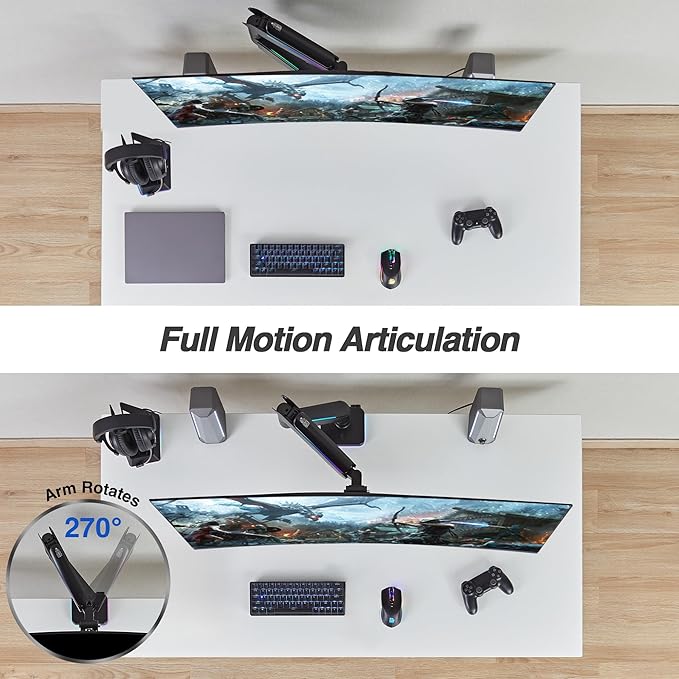 AVLT RGB Lights Single 17”-49” Gaming Monitor Arm Desk Mount, Fits One Flat/Curved/Ultrawide Screen up to 44lbs(20kg), Height Swivel Tilt Adjustable Stand - Black