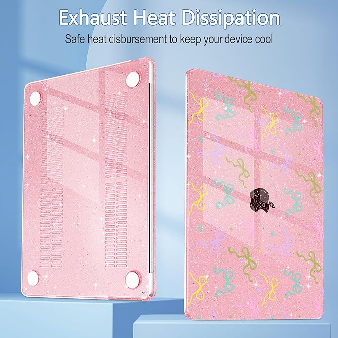 Mektron Compatible with M4 MacBook Air 15 inch Case 2025 A3241 2024 2023 M3 A3114 A2941 M2 Liquid Retina Display Touch ID, Plastic Hard Case & Keyboard Skin - Gilitter Pink Colorful Bows