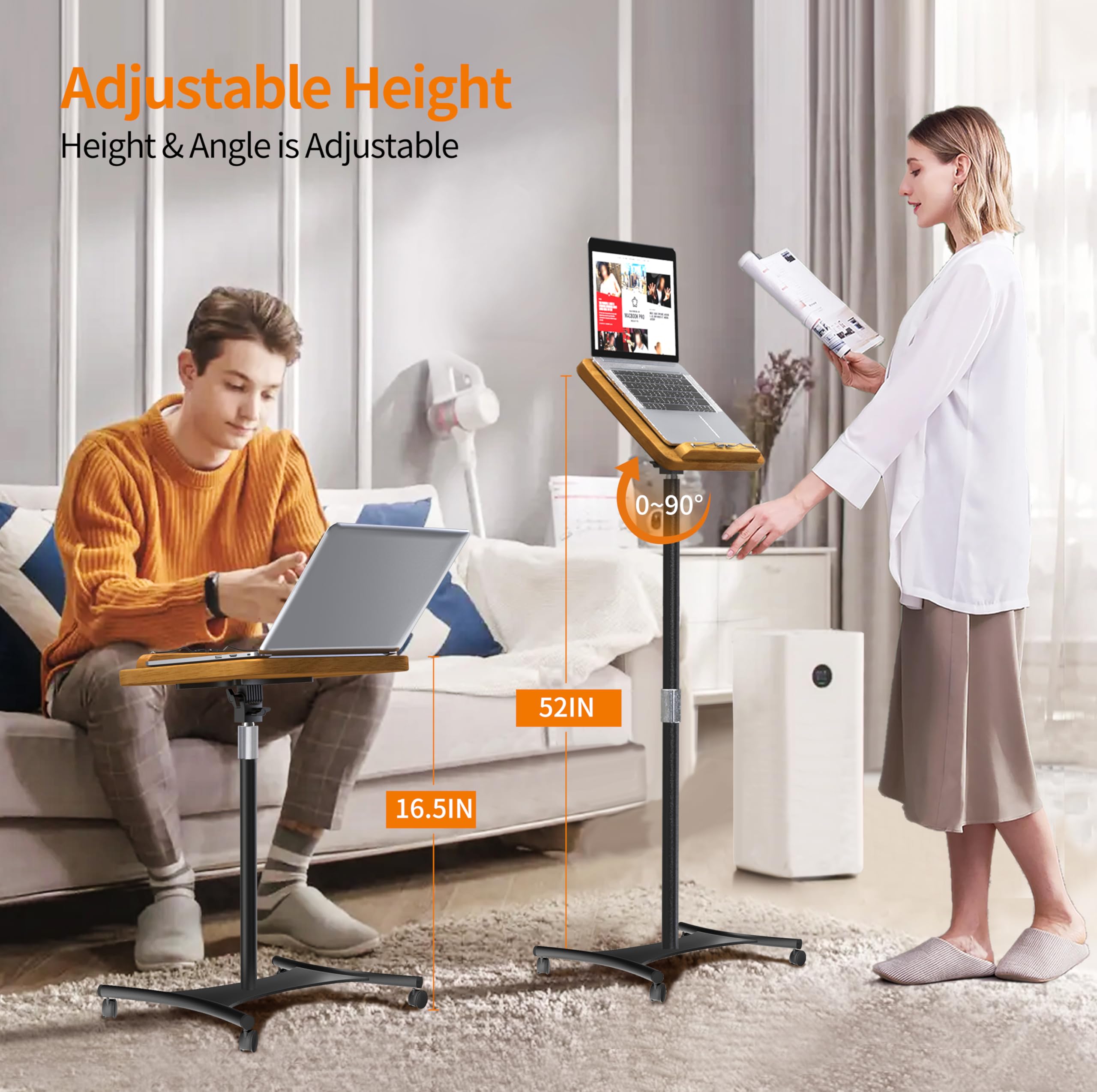 NAMON Rolling Floor Book Stand for Reading, 100% Solid Wood, Height Adjustable 16.5"-51", Floor Reading Stand with 4 Lockable Casters & Page Clip for Books, Sheet Music (Rolling / 2-in-1, 10" x 15")