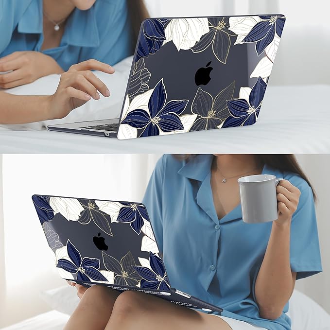 Mektron for 2025 M4 MacBook Air 13.6 Inch A3240 Case Fits 2023 A2681 M2 2024 A3113 M3 Chip with Liquid Retina Display Touch ID, Printed Plastic Hard Shell Cover for MacBook Air 13.6", Gold line Lily
