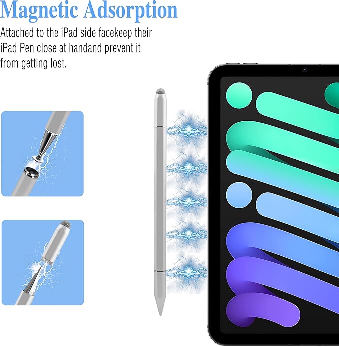 Stylus Pens for iPad, Luntak 3 in 1 Ballpoint Pen, Fiber Tip & Clear Disc Capacitive Stylus iPad Pencil for Apple iPhone/iPad Pro/Mini/Air/Android/Microsoft/Surface All Capacitive TouchScreen - Silver