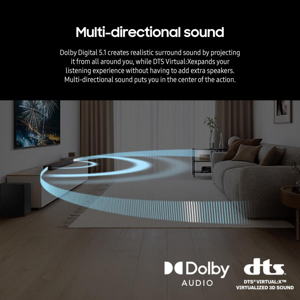 Samsung HW-B750D/ZA 5.1 ch Soundbar w/ Dolby Audio, Surround Sound expansion, Bass Boost, Adaptive Sound, DTS Virtual:X, Wireless Subwoofer, 2024