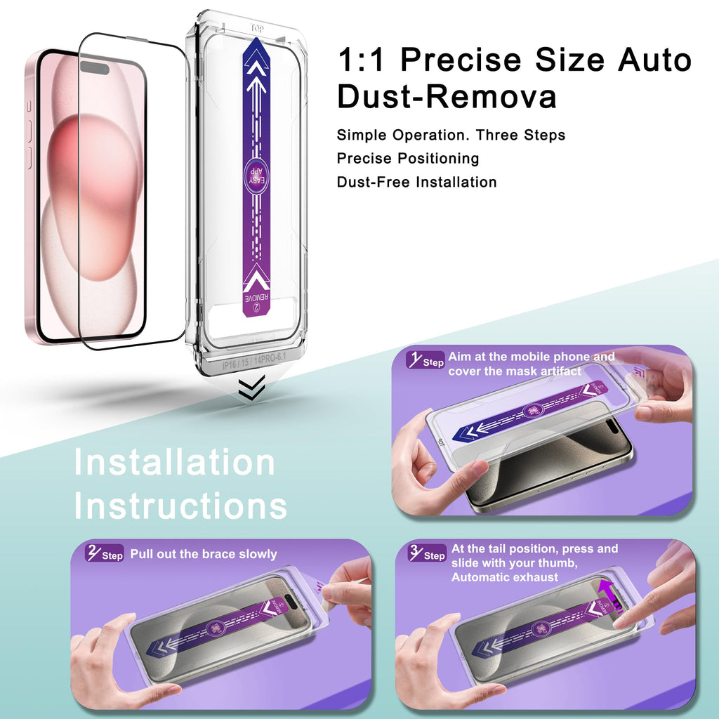 SHANG PIN JIA 2 Pack Screen Protector Tempered Glass for iPhone 16 for iPhone 15 for iPhone 14 Pro 6.1-Inch Auto Dust Removal, No Bubbles, High Definition Clear, Easy Installation
