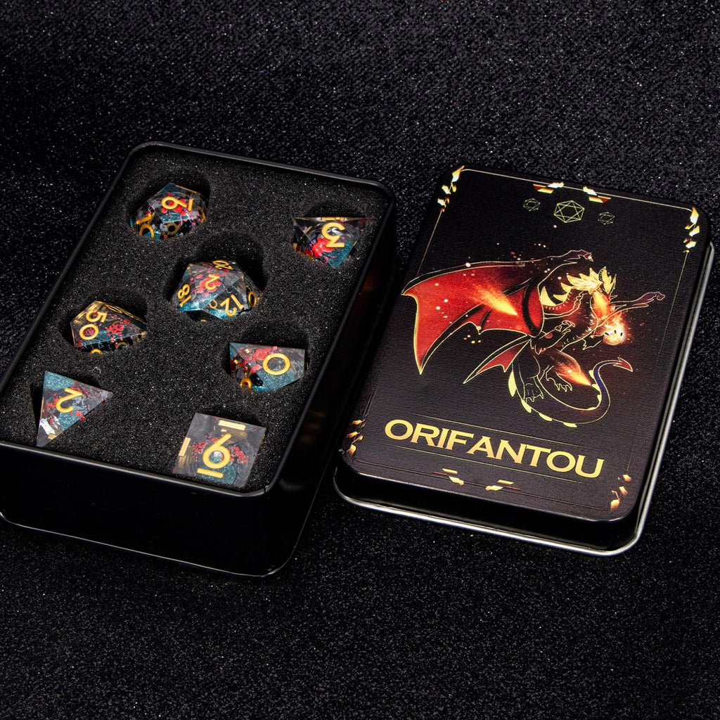 ORIFANTOU Plum Blossom DND Dice Blue Liquid Core Dice Set with Metal Box, Handmade Sharp Edge Dice D and D Polyhedral Dice for use with D&D RPG Role Playing Game