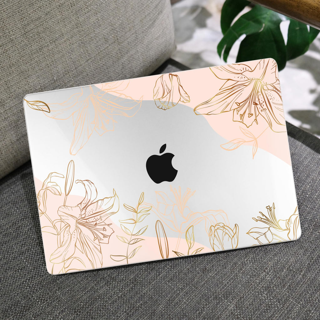 MEEgoodo Case for M5/M4/M3/M2 MacBook Air 13 inch 2026 2025 2024 2022, Fit Model A3449/A3240/A3113/A2681, Case Compatible with MacBook Air 13.6-inch, Gold Flowers Lilies