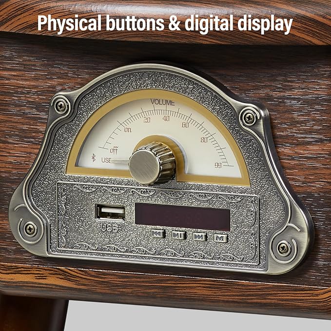 Gramophone Record Player，Italian Style Gramophone Vinyl Record Player with Control/Bluetooth/USB/FM Vintage Record Players Turntables 2 Speed(33/45), Hi-Fi, Classic Tripod Retro Wooden Design