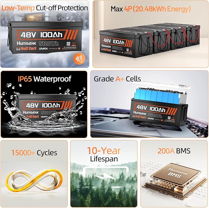 4PCS 48 Volt Lithium Battery for Golf Cart with 48V 15A Charger, 100A Lifepo4 Batterys Built-in Bluetooth 5.0 & 200A BMS, 15000+ Deep Cycle Lithium Battery, 42-58 Mile Ranges for Golf Cart