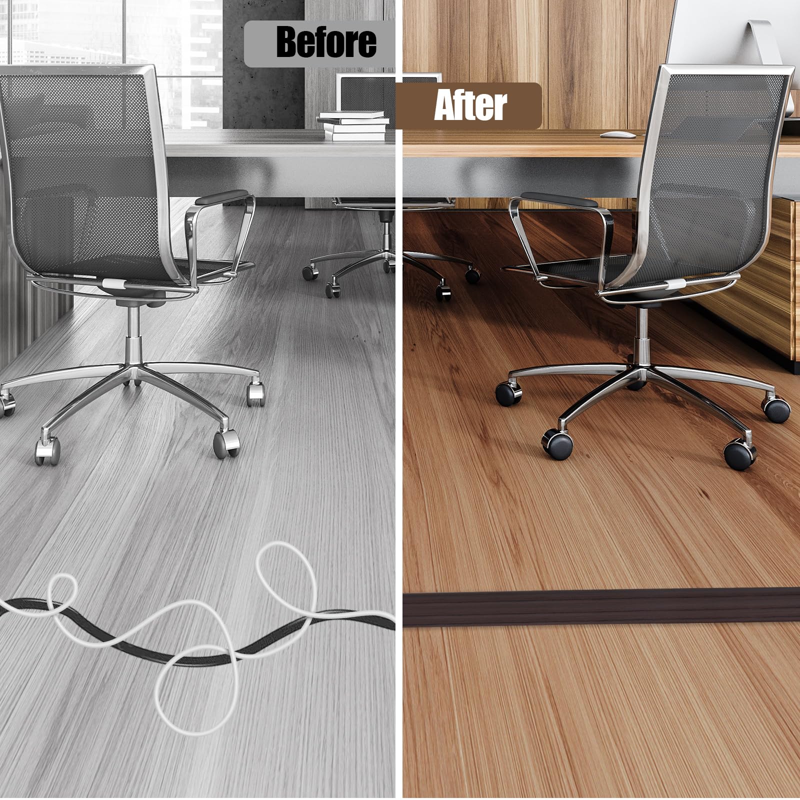 Floor Cord Cover Cavity 0.8"x0.37" Self Adhesive Cord Hider, 10FT Low Profile Cable Management, Extension Strip Protector for Wires, Prevent Cable Trips for Offices, Gyms, Exhibitions（Black Wood）
