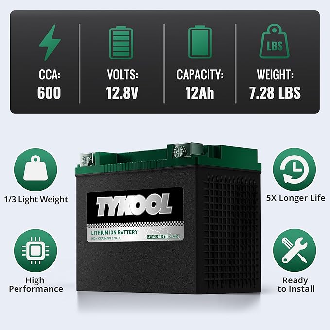 TYKOOL YIX30L-BS-STD (YTX30L-BS),650CCA, Lithium LiFePO4 Motorcycle Battery 12v,Digital Readout,Fits for BMW,Harley Davidson; ATV,UTV,Snowmobile,Compatible for Polaris,BRP (Can-Am),Arctic Cat