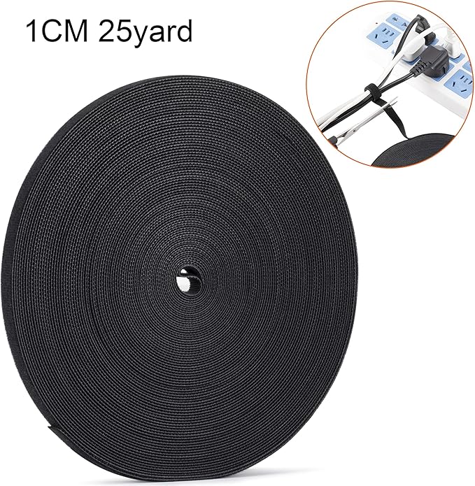 Xnakko 1cm Double Sided Hook and Loop Fastening Tape Reusable Cable Ties Nylon Fastening Tape Wire Manager for Home, Office (Black, 25Yard)