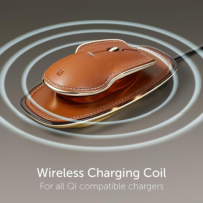 LUNAR ARTEFACTS Ambidextrous Rechargeable Bluetooth Wireless Computer Mouse Black French Leather and Aluminum, Qi Enabled USB-C