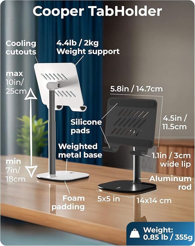 COOPER TabHolder, 7-10" Height Adjustable Tablet Stand, Premium iPad Stand for Desk, 270° Tilt Portable Monitor Holder for 15.6-17" Displays, for All iPad, Kindle, Surface, Samsung Tablets (White)