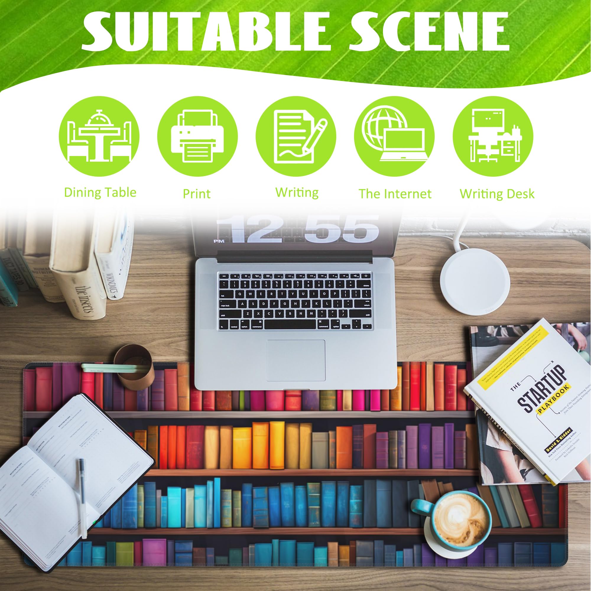 Eflxamz Large Gaming Mouse Pad for Desk,Bookshelves Full of Books Desk Mat,Colorful Books Desk Pad,Extended Big Computer Keyboard Mouse Pad with Non-Slip Base and Stitched Edge,31.5"x11.8"