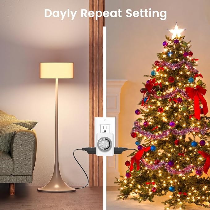Outlet Timer,Timers for Electrical Outlets Indoor with 3-Prong Dual Outlet,24-Hour 30 Minute Daily On/Off Cycle, Plug-in Mechanical Timers for Christmas Lights, Lamps, Grow Light (2-Pack)