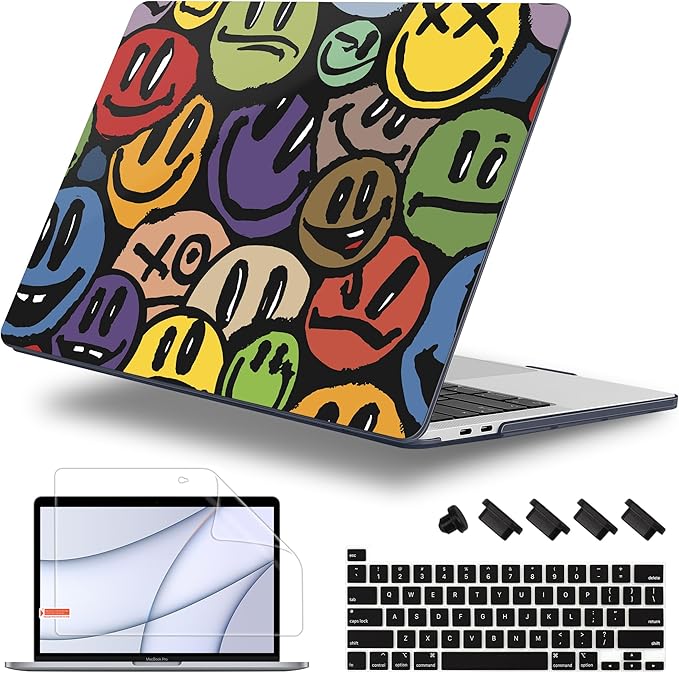 Case for MacBook Pro 13 inch with/Without Touch Bar (2016-2022, M2 A2338 M1 A2289 A2251 A2159 A1989 A1706 A1708), Hard Shell + Keyboard Cover + Dust Plug, Happy Emoji