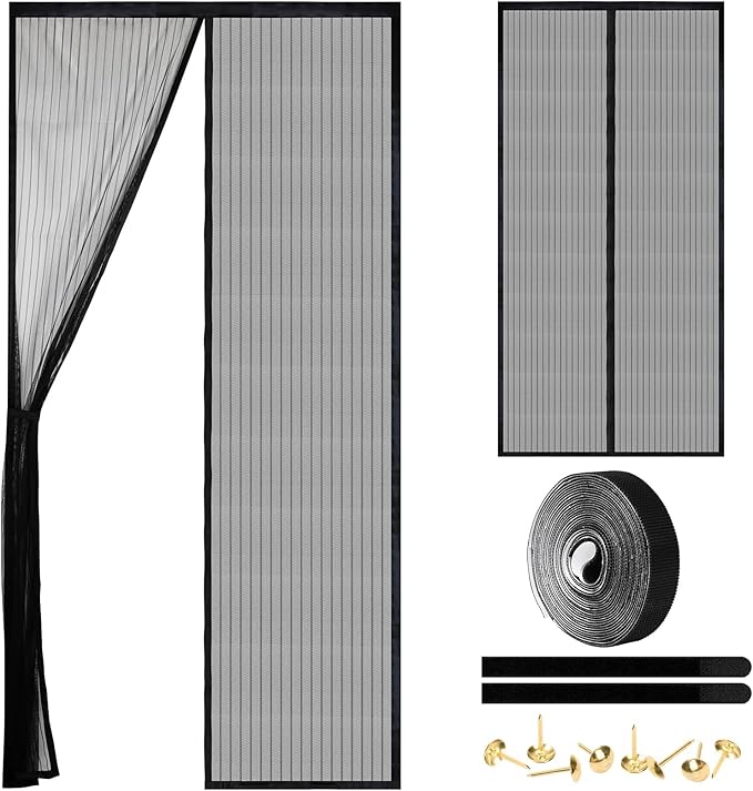 Magnetic Screen Door - Self Sealing, Heavy Duty, Hands Free Mesh Partition Keeps Bugs Out Let Breeze in- Pet and Kid Friendly - Keep Open Feature (Black, Fit Door Size 30 x 80 Inch)