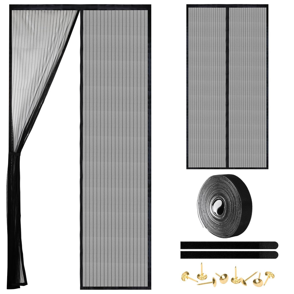 Magnetic Screen Door - Self Sealing, Heavy Duty, Hands Free Mesh Partition Keeps Bugs Out Let Breeze in- Pet and Kid Friendly - Keep Open Feature (Black, Fit Door Size 32 x 80 Inch)
