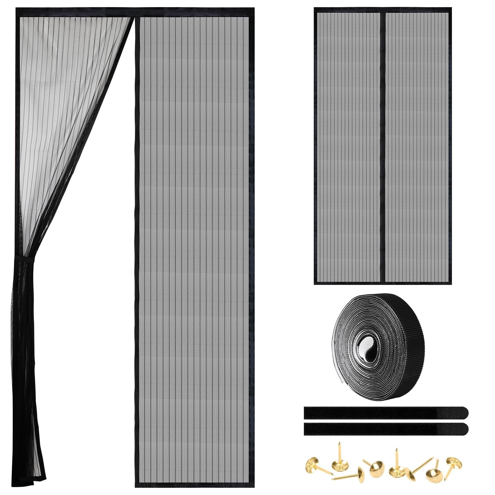 Magnetic Screen Door - Self Sealing, Heavy Duty, Hands Free Mesh Partition Keeps Bugs Out Let Breeze in- Pet and Kid Friendly - Keep Open Feature (Black, Fit Door Size 32 x 80 Inch)