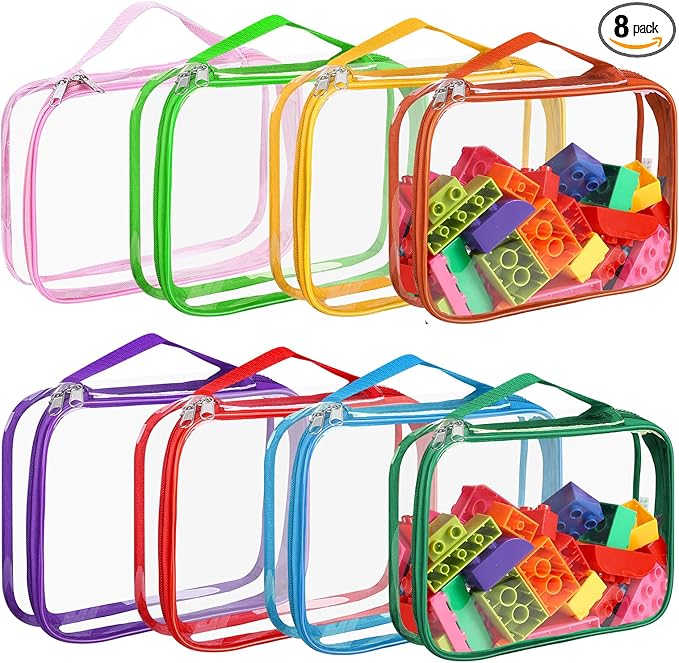 8 Packs Toy Storage Bags with Zipper, Clear PVC Organizing Bags, Reusable Toy Storage Organizer with Portable Handle, Travel Waterproof Organizer Bags for Building Blocks, Puzzle, Toys and Books