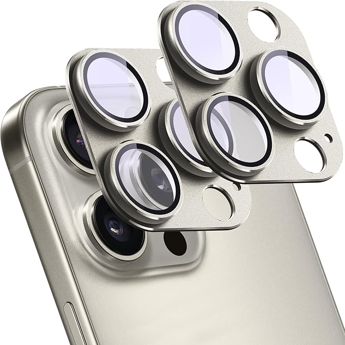 2 Pack Camera Lens Protector for iPhone 15 Pro/iPhone 15 Pro Max,[Not Easy to Breakn ] AR Tempered Glass Strong Adsorption Metal Camera Cover Screen-Titanium Grey
