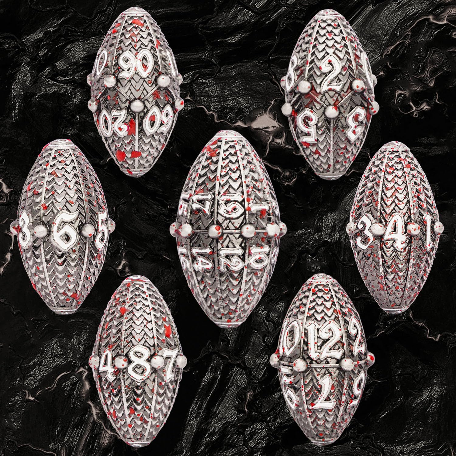 ARUOHHA DND Metal Dice Blood Splatter Dragon Egg Dice with Rotating Dragon Egg Shell, Role Playing Game RPG Polyhedral D and D Dice Set D20 D12 D10 D8 D6 D4