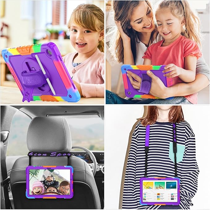 SEYMAC stock Case for Samsung Galaxy Tab A9+ Plus 11'', Full-Body Drop Protection Case with Screen Protector Pencil Holder [360° Rotating Hand Strap] &Stand, Purple+Colorful