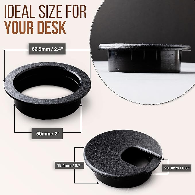 MAHDPRO Desk Grommet 2 Inch (50 mm) Pack of 10 - Black ABS Plastic Desk Cord Hole Cover to Arrange Cables & Wires Through Computer Table/Countertops