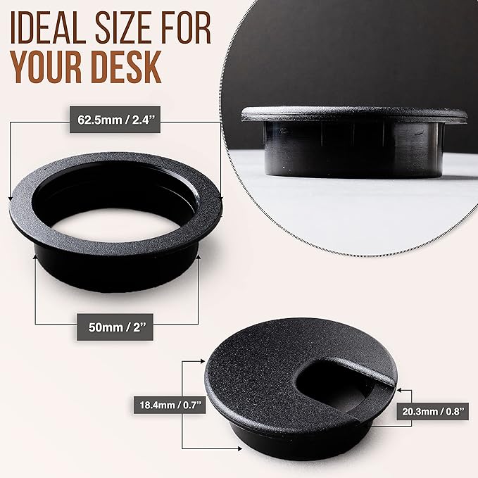MAHDPRO Desk Grommet 2 Inch (50 mm) Pack of 5-Black ABS Plastic Cable Hole Cover to Arrange Wires & Cords Through Computer Table/Countertops