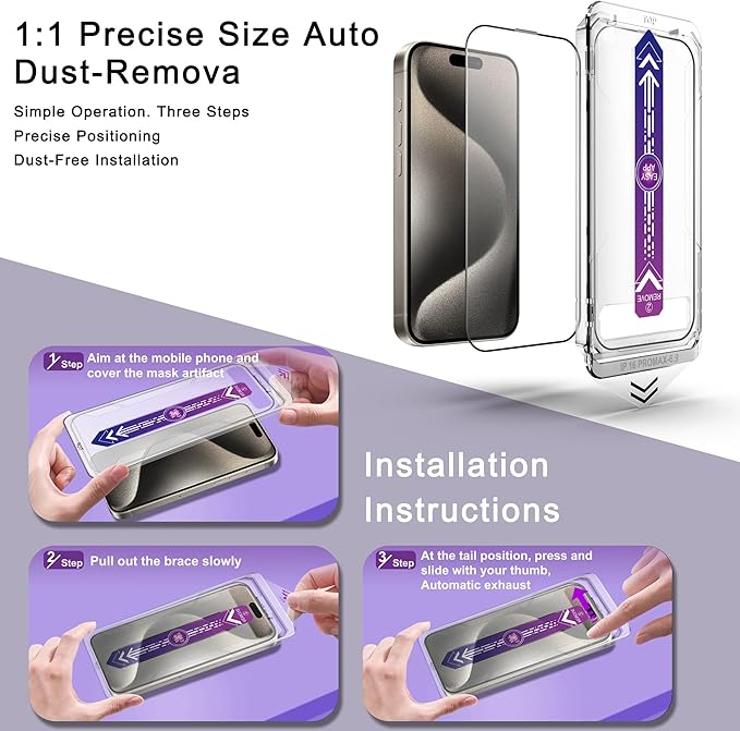 2 Pack Screen Protector for iPhone 16 Pro Max, 9H Tempered Glass, Full Coverage, Anti-Fingerprint, Auto Dust-Elimination, No Bubble, Easy Installation