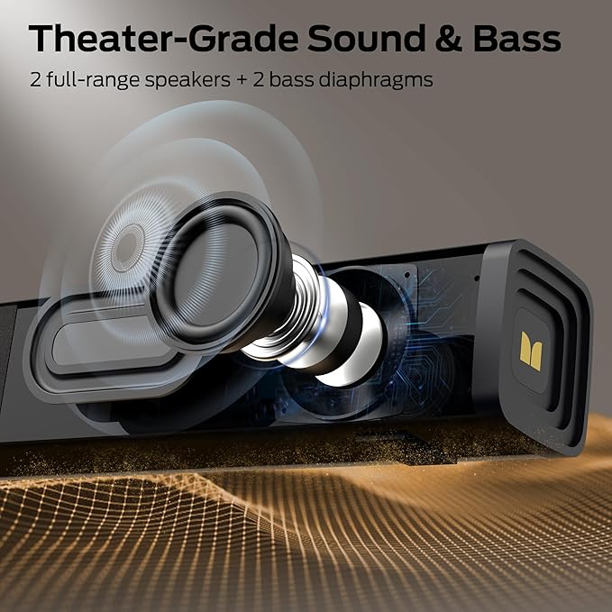 Monster S220 Bluetooth Soundbar for TV, Bluetooth 5.4 Sound Bar, 2.0CH with Dual Bass Diaphragm, All-in-one Home Theater Speakers, Compact, AUX/USB/TF Card Connection for TV/PC/Gaming/Projectors