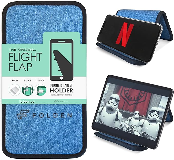 Folden Airplane Phone Holder, Foldable Cell Phone Stand Desk – Flexible Tablet Phone Holder for Bed, Desk, Office, Treadmill – Mobile Stand Phone Accessories, Plane Travel Essentials (Blue Denim)