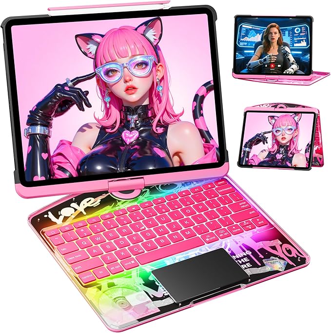 KITONE for iPad Air 11 Inch (M3/M2,2025/2024) Transperant Case with Wireless Keyboard, 7 Color Backlight, Trackpad, 360°Rotating Stand for 10.9" iPad Air 5th/4th, 11" iPad Pro 4/3/2/1 Case, Cyberpunk