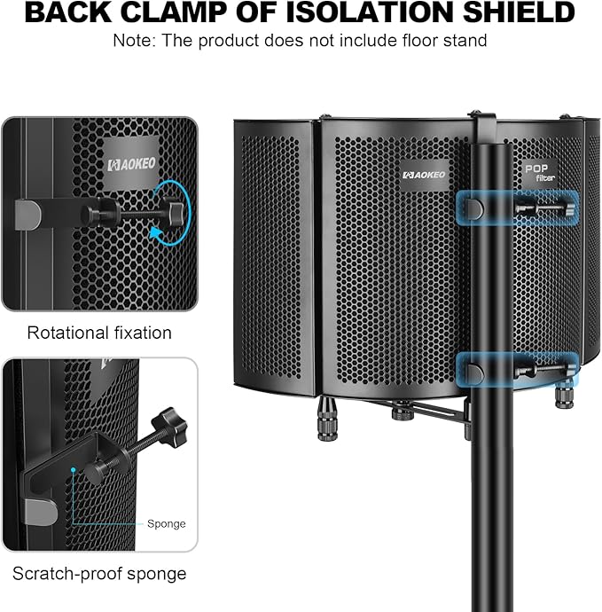 Aokeo Studio Recording Microphone Isolation Shield, Pop Filter.High density absorbent foam is used to filter vocal. Suitable for blue yeti and any condenser microphone recording equipment