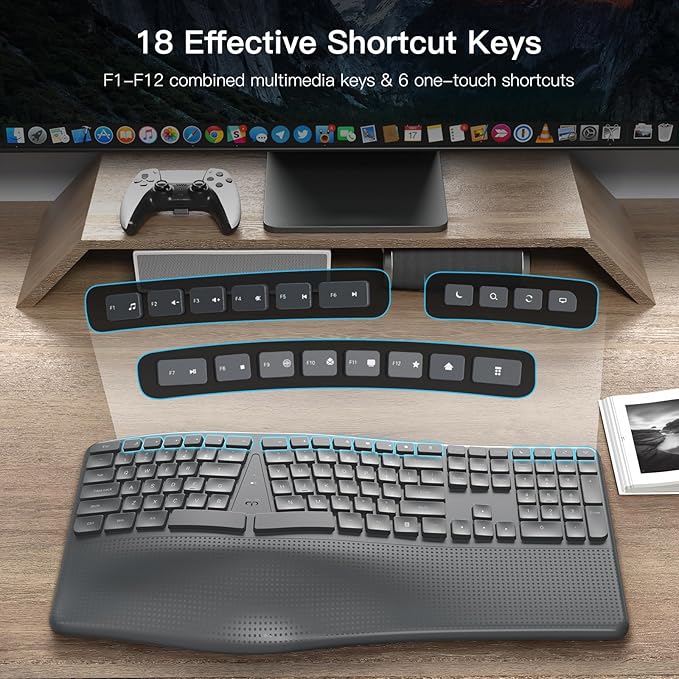 Ergonomic Wireless Keyboard with Wrist Rest, 2.4G Full Size Split Ergo Keyboard with Wave Keys, Comfortable Natural Typing for Windows Computer Desktop Laptop