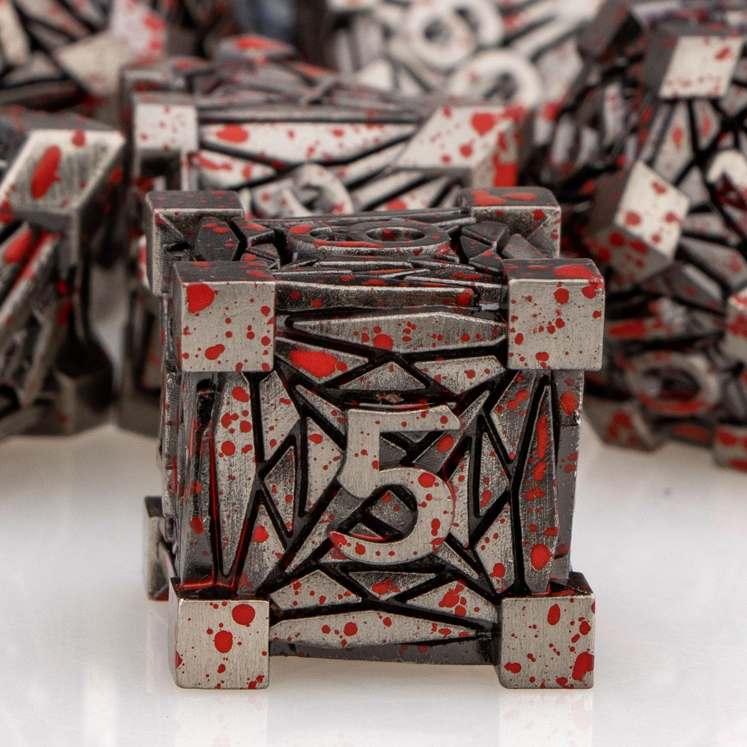 ORIFANTOU 7PCS Metal DND Dice Set with Box, Debris RPG Blood Spatter D and D Dice for use with D&D Tabletop Games Role Playing Game Polyhedral Dice Set D20 D12 D10 D8 D6 D4