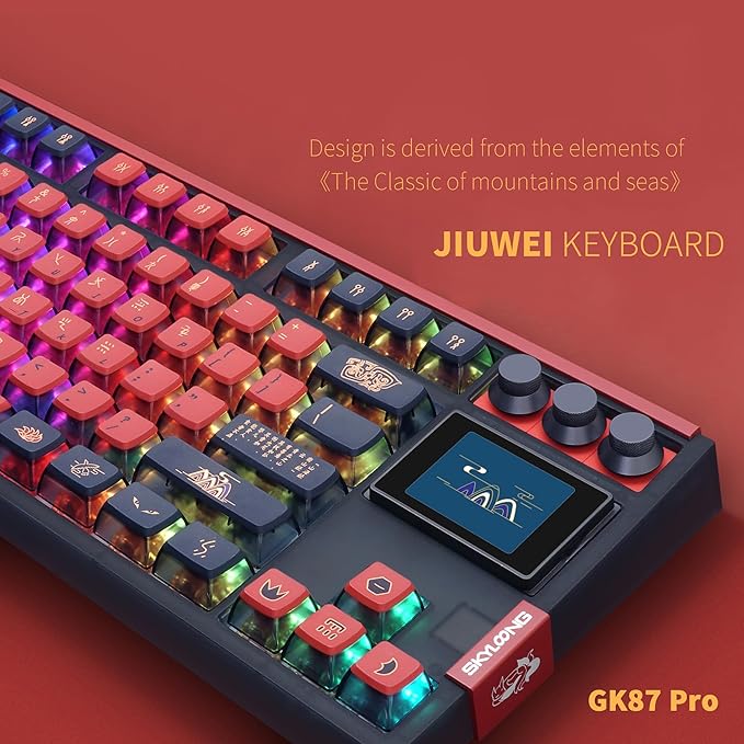 MOLGRIA SKYLOONG GK87 JIUWEI Pudding Keycaps RGB Backlit Gaming Keyboard, Hot Swappable Red Machinery Gateron Switches, Triple-Mold Connection with Knobs and LCD Display Mechanical Keyboard