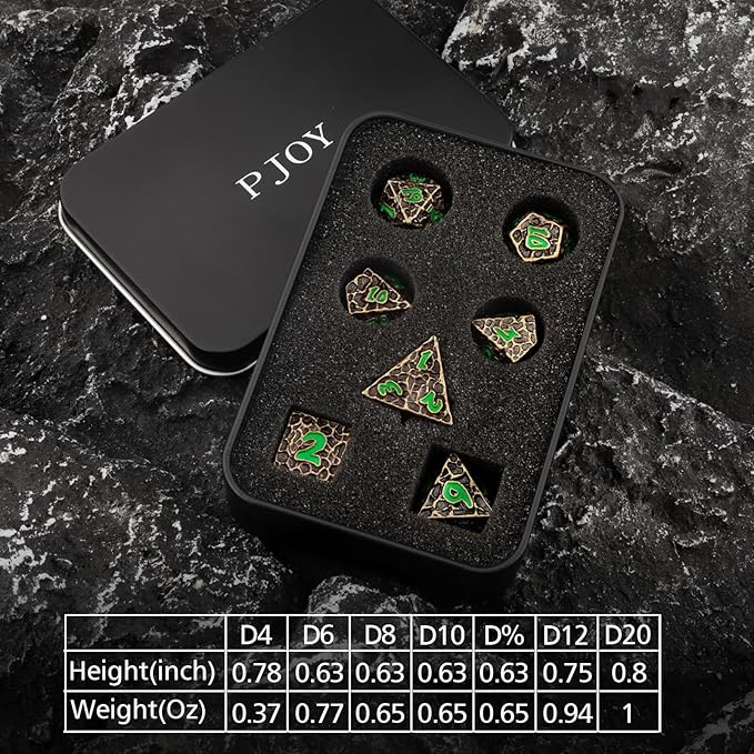 PJOY Metal Dice Set D&D for Dungeons and Dragons Green Metal Druid DND Dice with Case Meteorite Bronze 16mm 7PCS Role Playing Cool DND Gifts for Players DM Game Masters