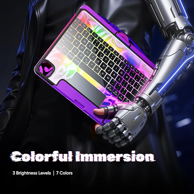 KITONE Transparent Case with Wireless Keyboard only for 2024 iPad Pro 13-in.(M4), 7 Colors Backlight, Trackpad, 360°Rotating Stand for iPad Pro 13, Tech Style