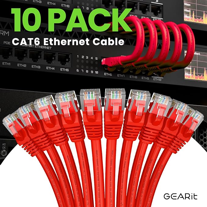 GearIT Cat 6 Ethernet Cable (10-Pack 6 Feet) Cat6 Network Patch, 10Gbps, RJ45, Snagless Cord, Gold-Plated Connectors, Internet for PC, TV, Tablet, Router, Printer, Servers, IT Data Center - Red
