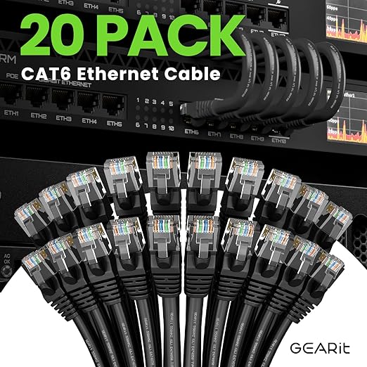 GearIT Cat 6 Ethernet Cable Pack - 20-Pack 10 ft Cat6 Ethernet Patch Cables | RJ45 Network Patch Cable, 10 Gbps Snagless Gold-Plated Connectors - Ethernet Cable Cat 6 for PC, TV, Router - Black