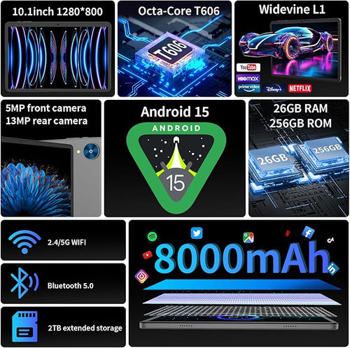 10 inch Android 15 Tablet, 2026 Tablet with Keyboard, 24GB+256GB+2TB Expand