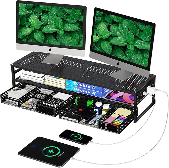 Simple Trending 2 Tier Metal Monitor Stand Riser with USB 2.0 and Charging Prot , Computer Office Desktop Organizer for 2 Monitors With Two Drawer Storage and Reusable Cable Ties,for Printer, TV, Black