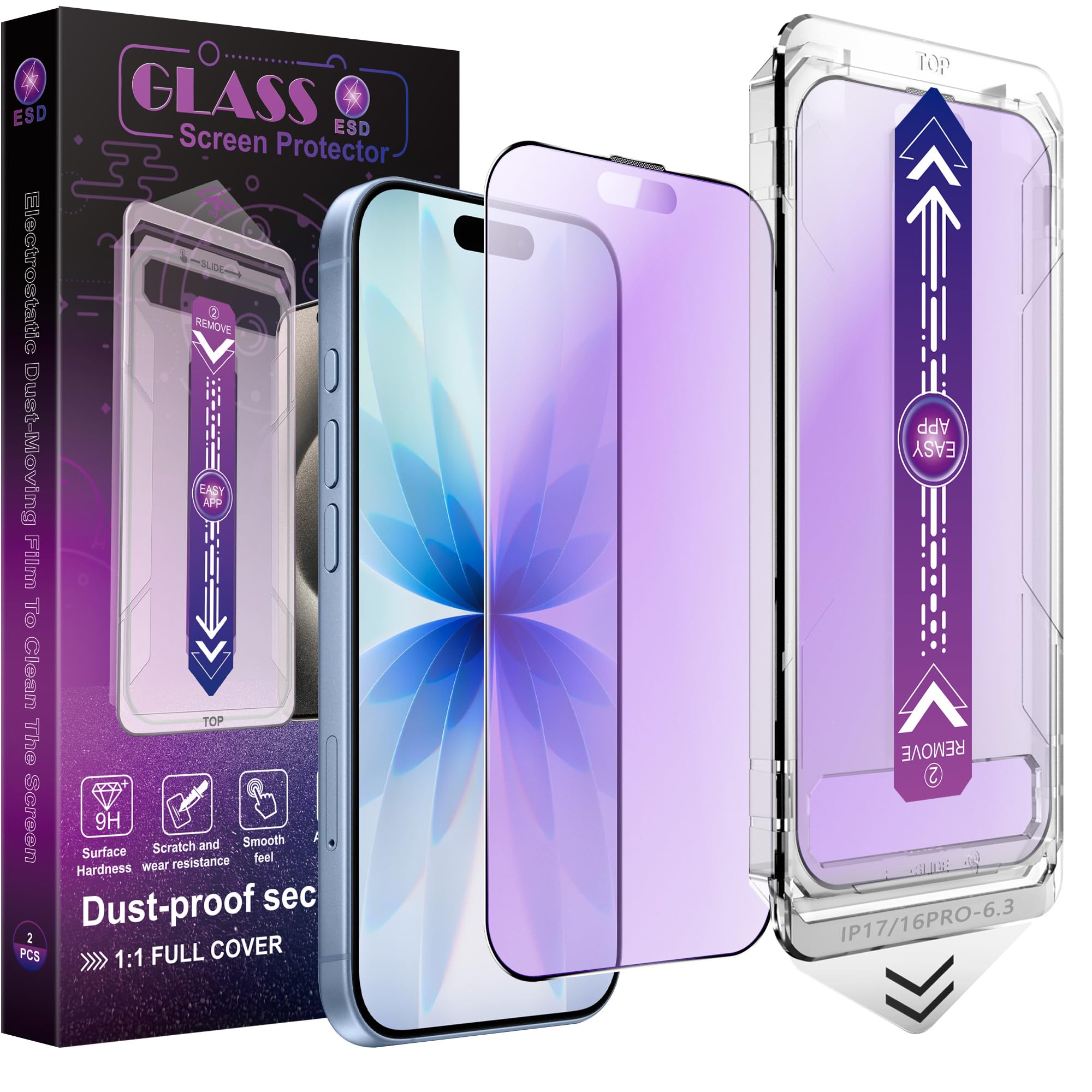 SHANG PIN JIA 2 Pack Anti Blue Light Matte Screen Protector for iPhone 17/16 Pro 6.3-Inch, 9H Tempered Glass Film, Auto Dust Removal, No Bubbles, Easy Installation